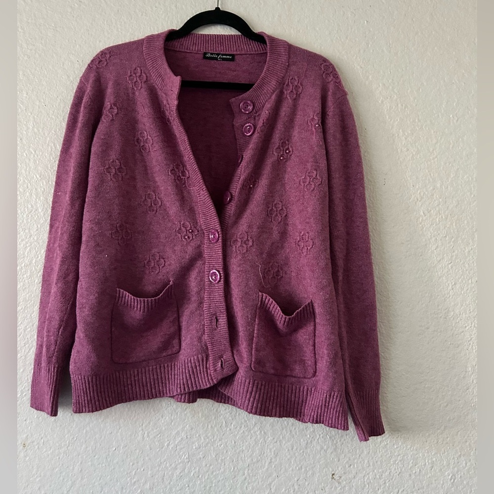 Belle‎ Femme Women’s Wool Cashmere Blend Mauve Cardigan Large Grandma Cozy - Picture 15 of 16
